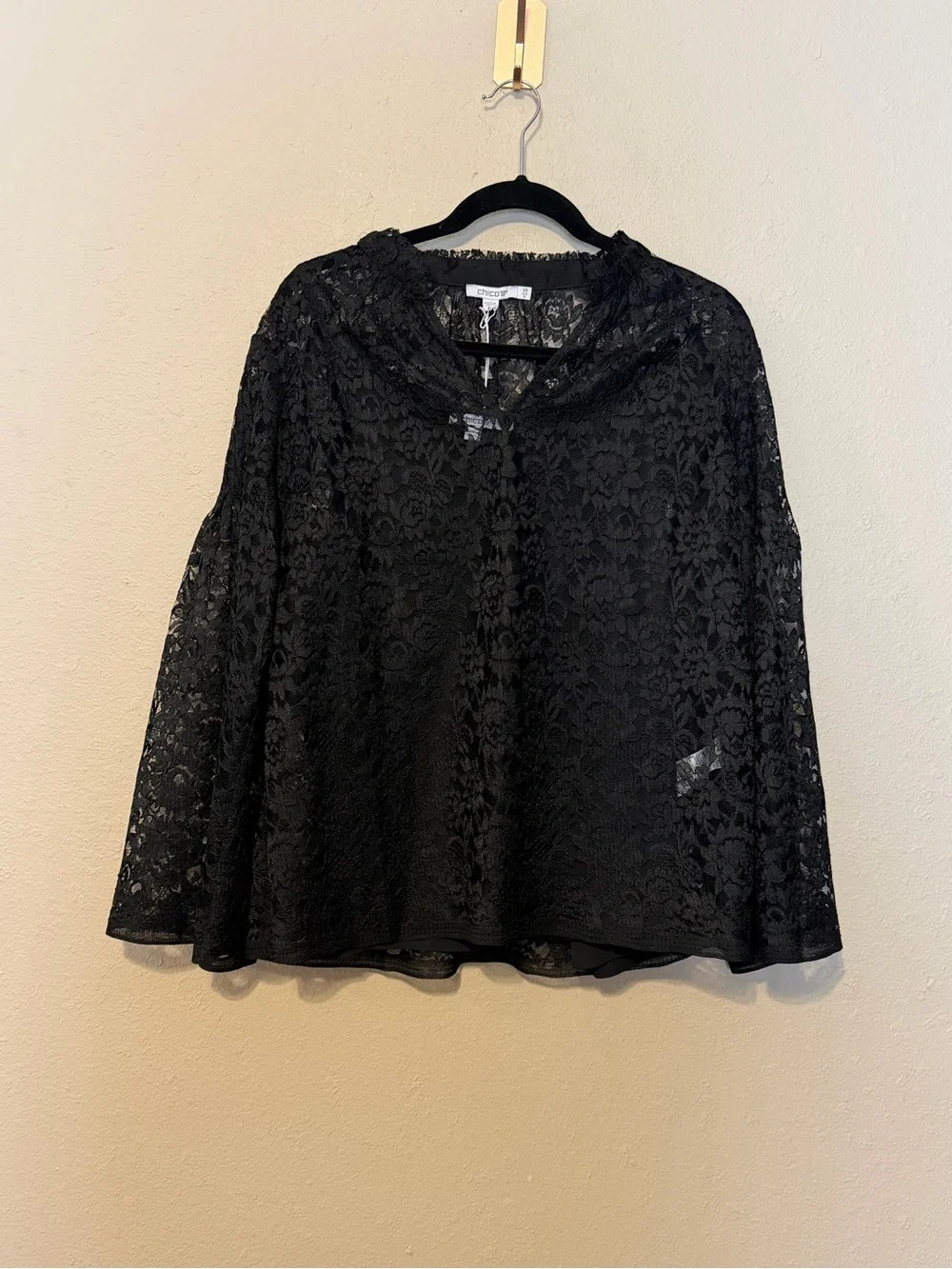 Chico's black lace bell‎ sleeve blouse with cami Size 14 NWT